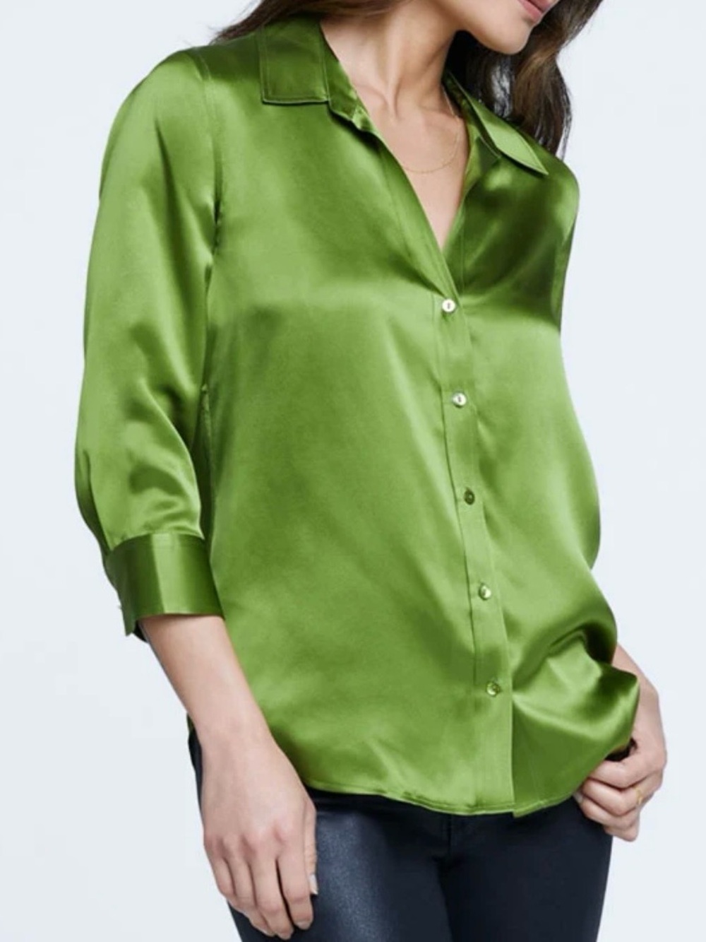 Rachel Zoe Olive Green Satin Button-Down Blouse
